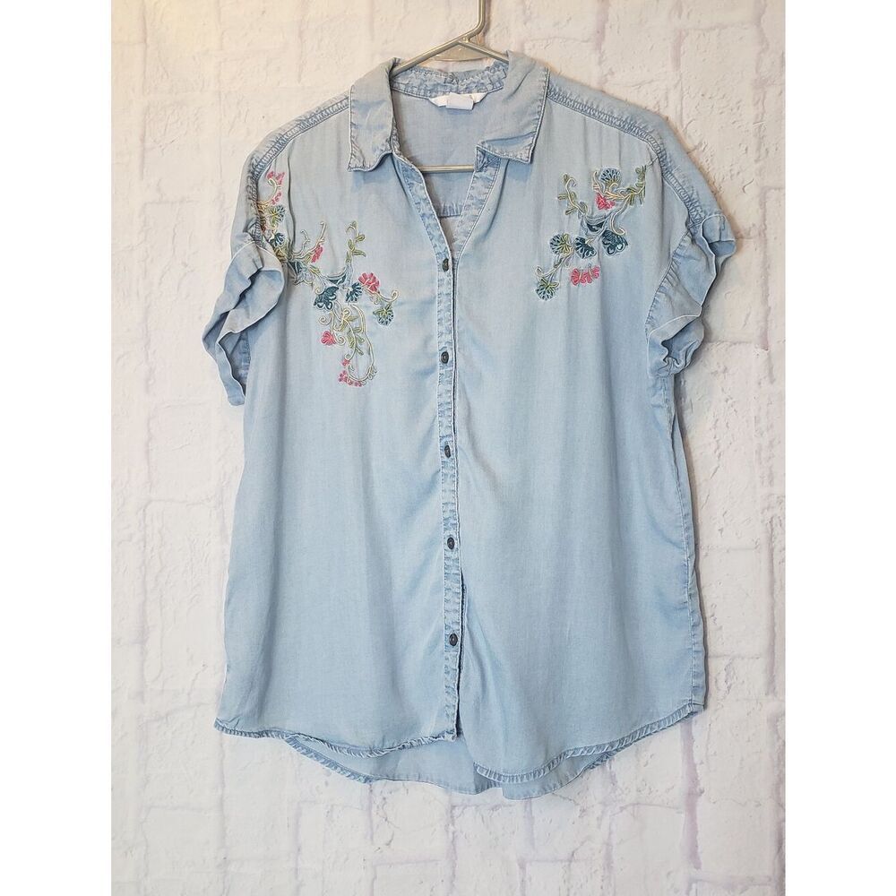VINTAGE ALIA Floral Embroidered Chambray Button Down Top 14